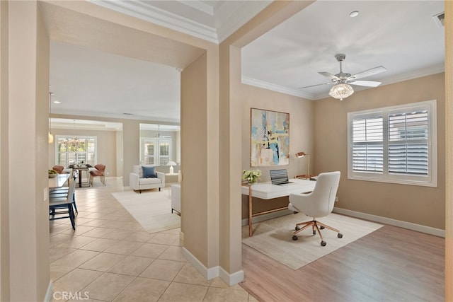 tiled home office with visible vents, crown molding, and baseboards