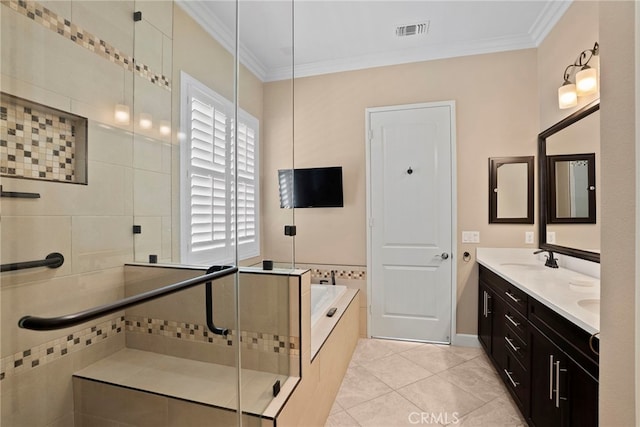 bathroom featuring a sink, visible vents, ornamental molding, a bath, and a stall shower