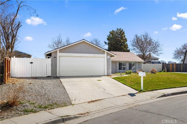 ranch-style house with concrete driveway, a front lawn, an attached garage, and fence