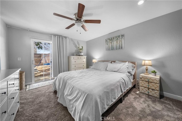 bedroom with access to exterior, baseboards, dark colored carpet, and a ceiling fan