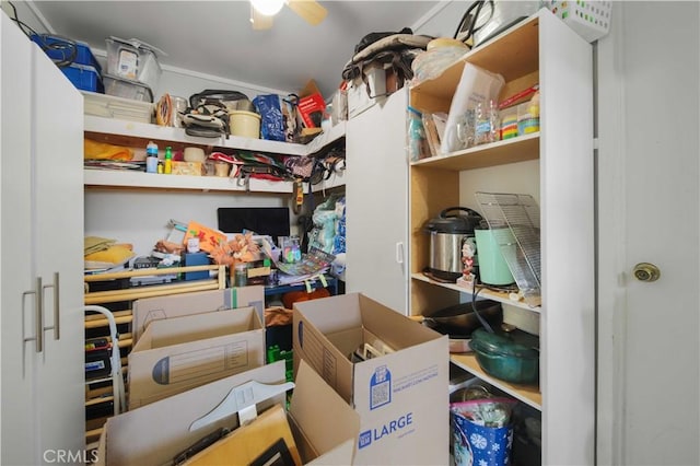 storage area featuring a ceiling fan