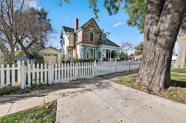 victorian home with a fenced front yard, driveway, and a chimney