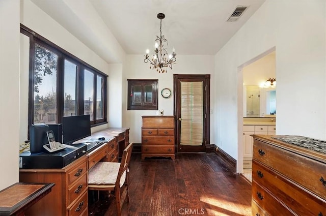 home office featuring baseboards, visible vents, a chandelier, and dark wood-style flooring