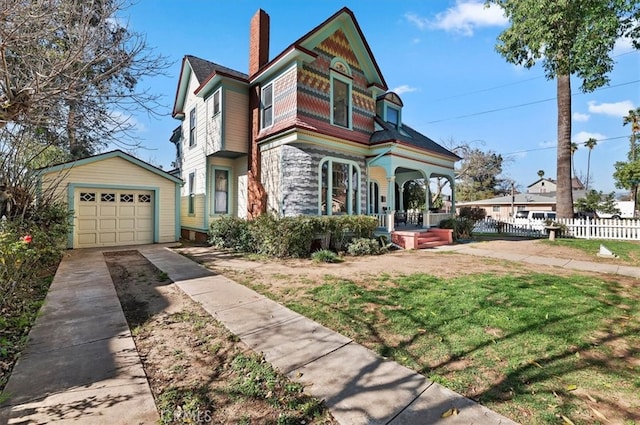 victorian home with a garage, driveway, covered porch, fence, and an outdoor structure