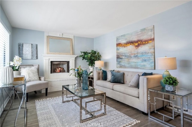 living room featuring a fireplace and wood finished floors