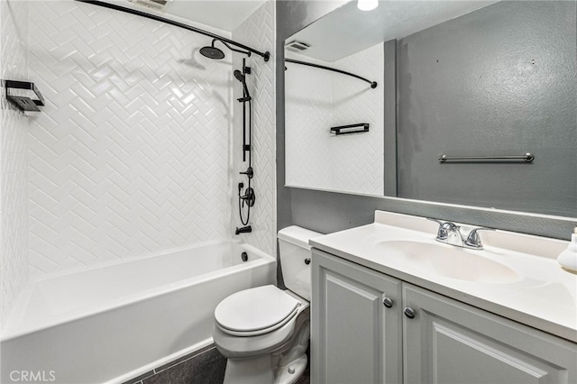 full bathroom with toilet, tub / shower combination, and vanity