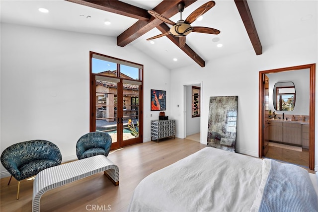 bedroom featuring lofted ceiling with beams, wood finished floors, access to exterior, french doors, and recessed lighting