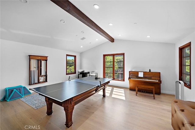 playroom with lofted ceiling with beams, recessed lighting, visible vents, baseboards, and light wood finished floors