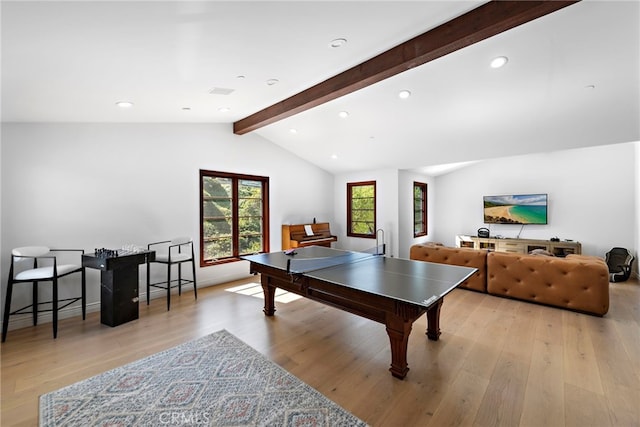 recreation room with light wood-type flooring, vaulted ceiling with beams, baseboards, and recessed lighting