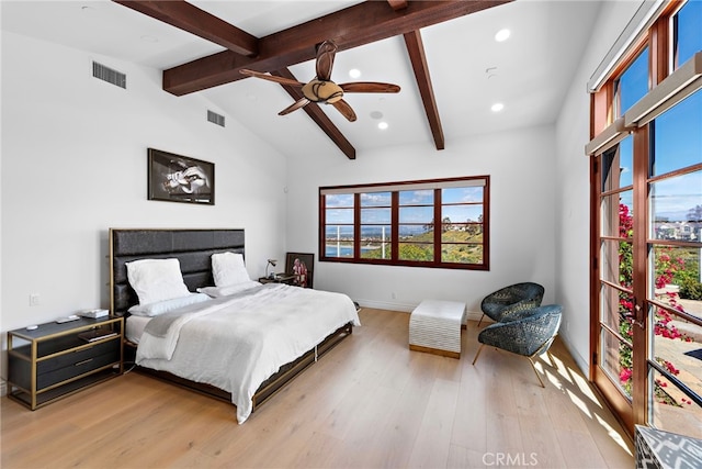 bedroom featuring recessed lighting, visible vents, vaulted ceiling with beams, and light wood-style flooring