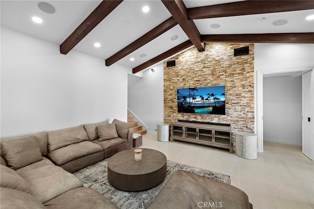 living area featuring lofted ceiling with beams, baseboards, stairway, and recessed lighting