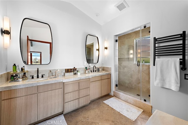 full bath with lofted ceiling, visible vents, radiator heating unit, a stall shower, and a sink