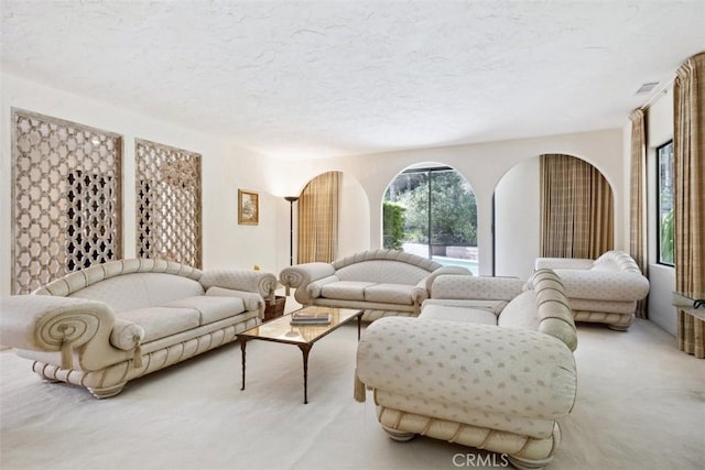 living room featuring carpet, visible vents, and a textured ceiling