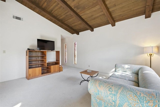 carpeted living area featuring high vaulted ceiling, wood ceiling, visible vents, and beamed ceiling