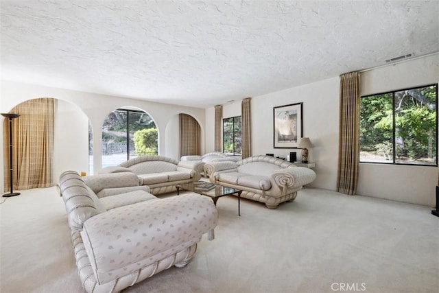 living room with light colored carpet, visible vents, and a textured ceiling