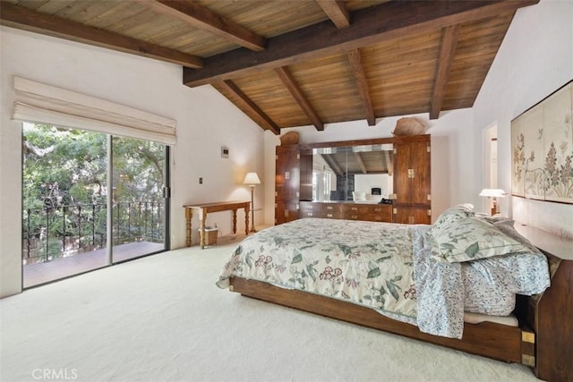 bedroom with access to exterior, wooden ceiling, carpet flooring, and lofted ceiling with beams