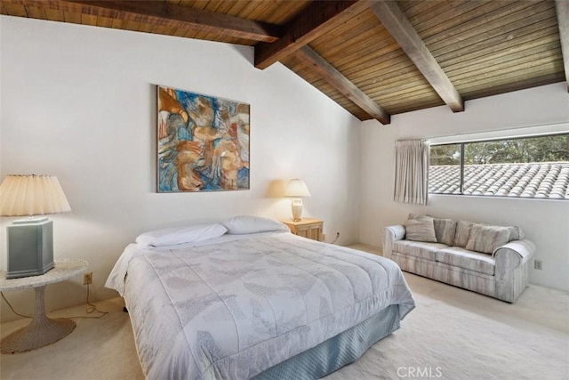 bedroom featuring light carpet, wooden ceiling, and vaulted ceiling with beams