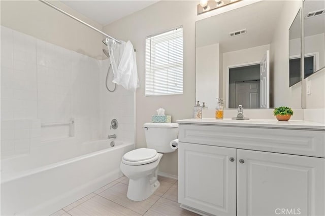 full bath with toilet, shower / washtub combination, vanity, and visible vents