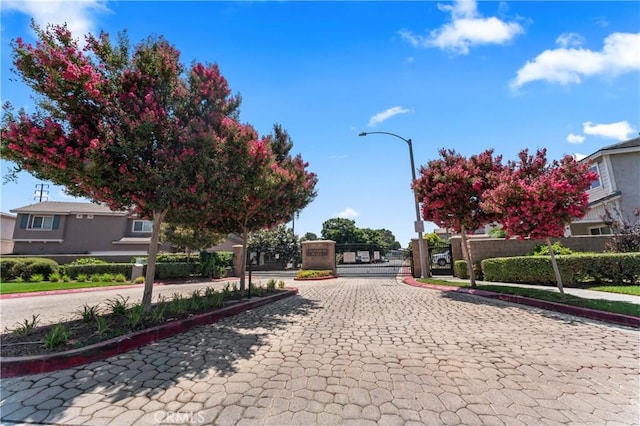 view of street featuring curbs, street lighting, a gated entry, and a gate