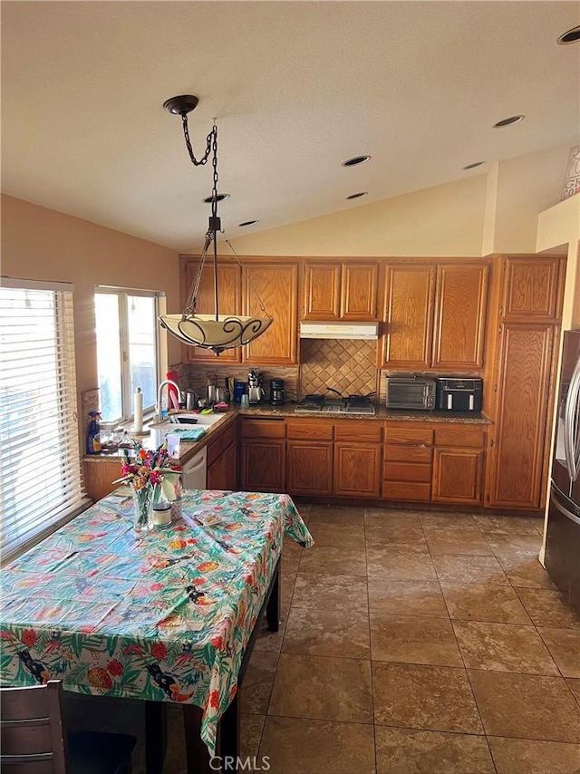 kitchen with tasteful backsplash, lofted ceiling, appliances with stainless steel finishes, brown cabinets, and under cabinet range hood