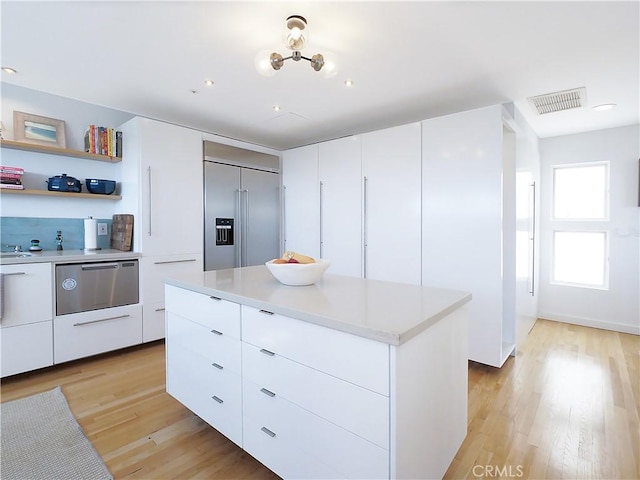 kitchen with light countertops, a kitchen island, built in fridge, and white cabinetry