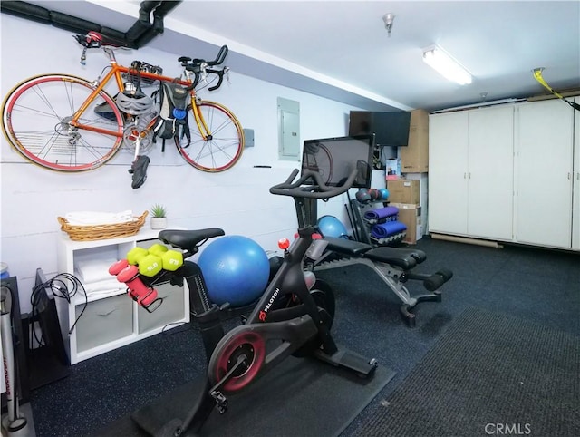 workout room with a garage and electric panel