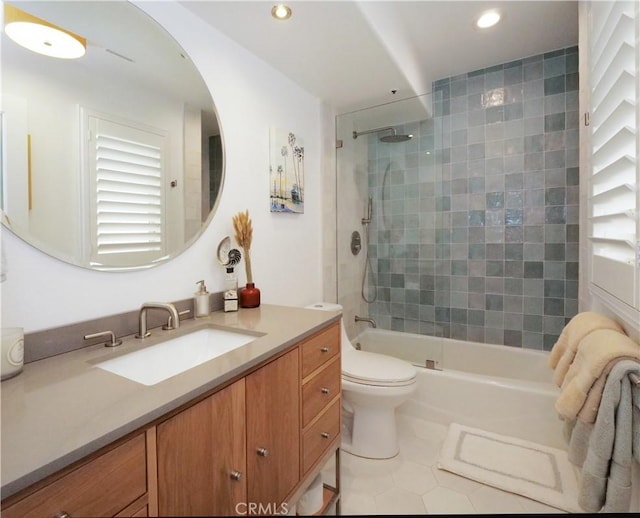 full bathroom featuring toilet, recessed lighting, vanity, shower / washtub combination, and tile patterned floors