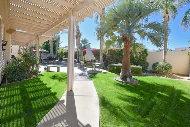 view of yard with a fenced in pool, a fenced backyard, a patio, and a pergola