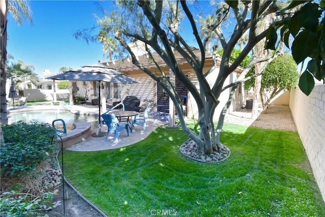 view of yard featuring a fenced backyard, central AC unit, a pergola, and a patio