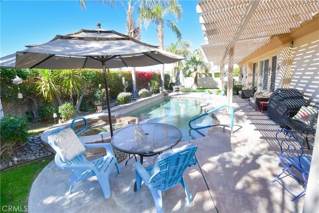 view of pool with a patio, a fenced backyard, a fenced in pool, and a pergola