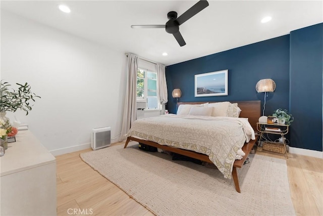 bedroom with recessed lighting, baseboards, ceiling fan, and light wood finished floors