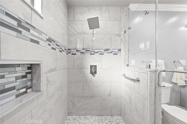 bathroom with a shower stall and toilet