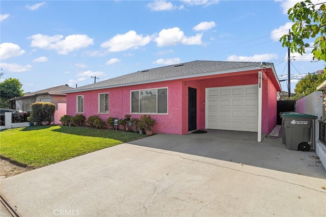 ranch-style home featuring stucco siding, concrete driveway, a front yard, fence, and a garage