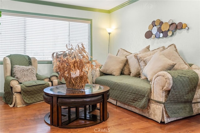 interior space featuring a healthy amount of sunlight, ornamental molding, and wood finished floors