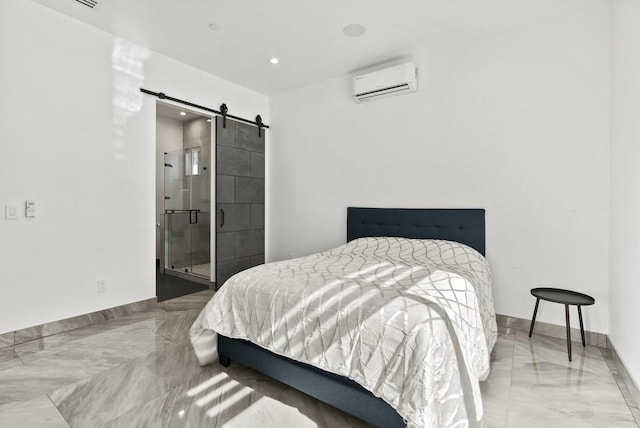 bedroom with a barn door, baseboards, marble finish floor, an AC wall unit, and recessed lighting