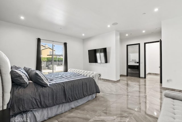 bedroom featuring recessed lighting, marble finish floor, and baseboards