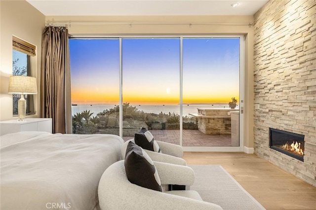 bedroom featuring a water view, light wood-style floors, and a fireplace