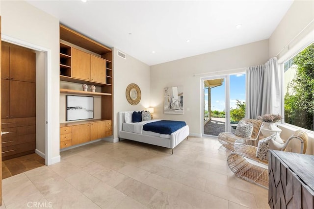 bedroom featuring access to outside, multiple windows, visible vents, and baseboards