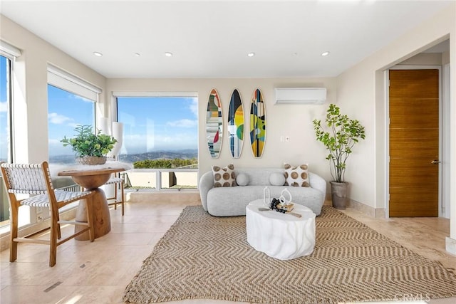 interior space with a wealth of natural light, light tile patterned floors, recessed lighting, and a wall mounted AC