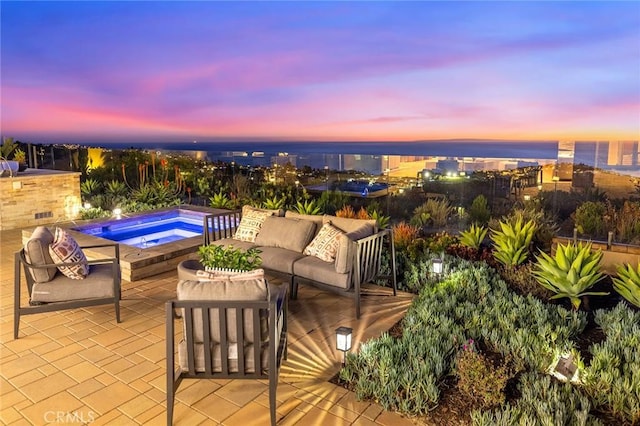 3355 Alta Laguna Blvd, Laguna Beach, CA 92651 - patio terrace at dusk with an in-ground hot tub, a patio area, and an outdoor hangout area