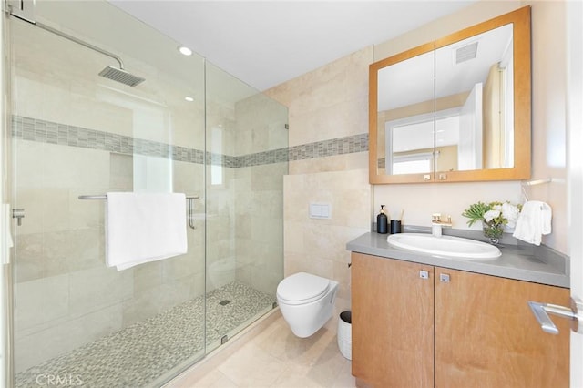 3355 Alta Laguna Blvd, Laguna Beach, CA 92651 - bathroom featuring vanity, a shower stall, tile walls, and tile patterned flooring