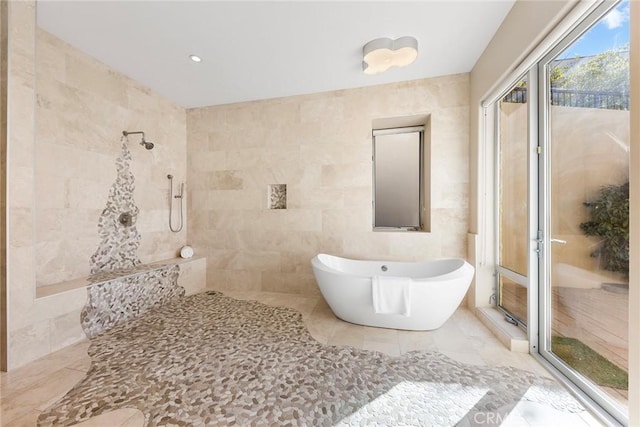 3355 Alta Laguna Blvd, Laguna Beach, CA 92651 - full bathroom with a tile shower, a freestanding tub, tile walls, and recessed lighting