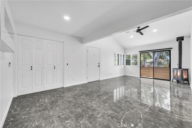 22809 Hilton Head Dr Unit 14, Diamond Bar, CA 91765 - unfurnished bedroom featuring lofted ceiling, marble tiled floors, access to outside, a wood stove, and baseboards
