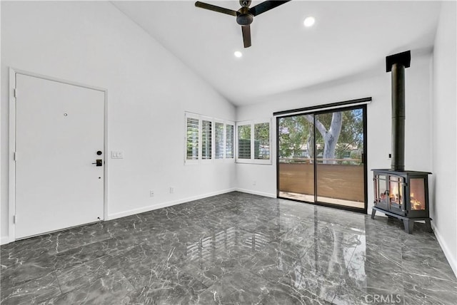 22809 Hilton Head Dr Unit 14, Diamond Bar, CA 91765 - unfurnished living room featuring plenty of natural light, marble tiled floors, a ceiling fan, recessed lighting, and vaulted ceiling