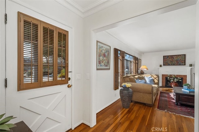 interior space featuring a healthy amount of sunlight, a fireplace, ornamental molding, and dark wood finished floors