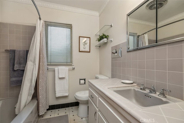 full bathroom with toilet, shower / tub combo, visible vents, tile walls, and crown molding