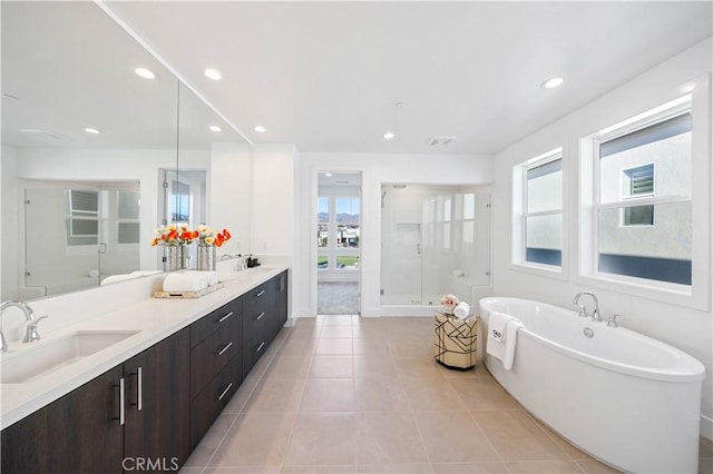 bathroom with double vanity, tile patterned flooring, a sink, and a wealth of natural light