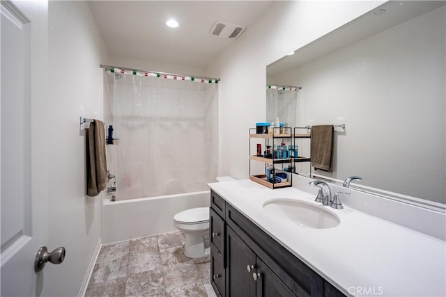 full bath featuring shower / tub combo, visible vents, toilet, vanity, and recessed lighting