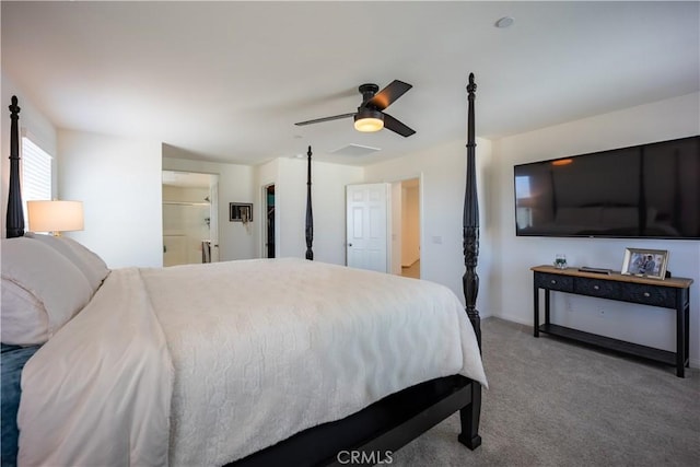 carpeted bedroom featuring a ceiling fan