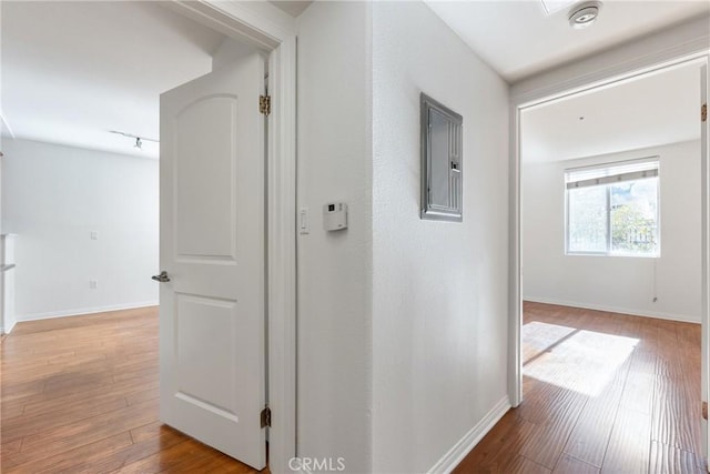 hallway featuring baseboards, rail lighting, electric panel, and light wood-style floors